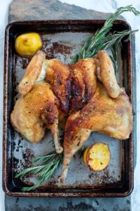 Spatchcocked roasted chicken with rosemary and lemon