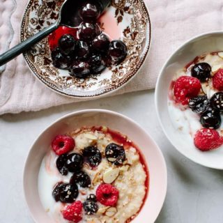 Quickest morning oats, topped with superfood Italian amarena cherries