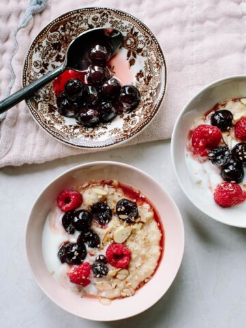 Quickest morning oats, topped with superfood Italian amarena cherries