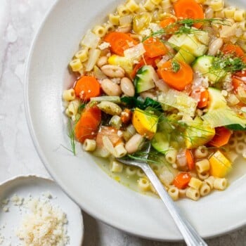 A bowl of soup made with chunky summer squash, carrots, fennel and white beans.