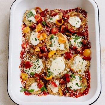 baked eggplant topped with mozzarella and tomato basil salad