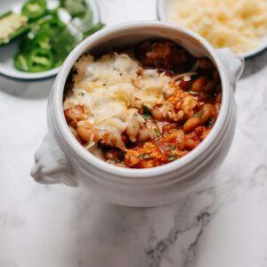 white bean chicken chili with chorizo spices and cheddar