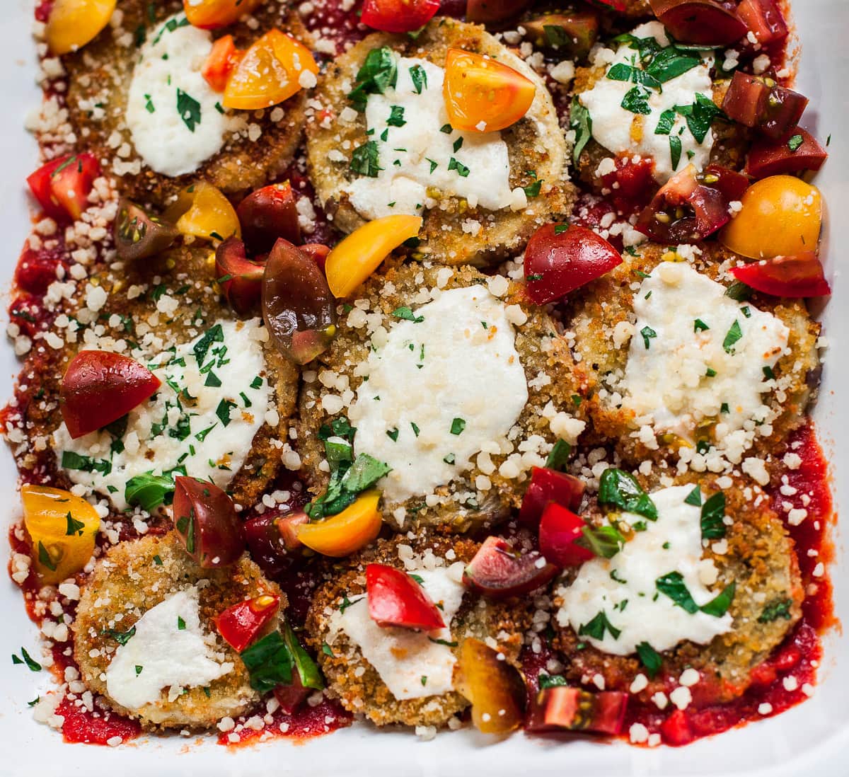 NoFry Baked Eggplant Parmesan with Fresh Tomato Salad