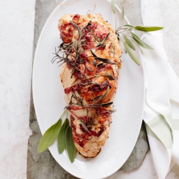 roasted turkey breast stuffed with herbed brioche breadcrumbs and wrapped in prosciutto