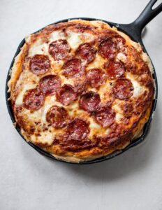 Gooey and so satisfying — Stuffed Deep Dish Pizza with Hot Salami and Mozzarella