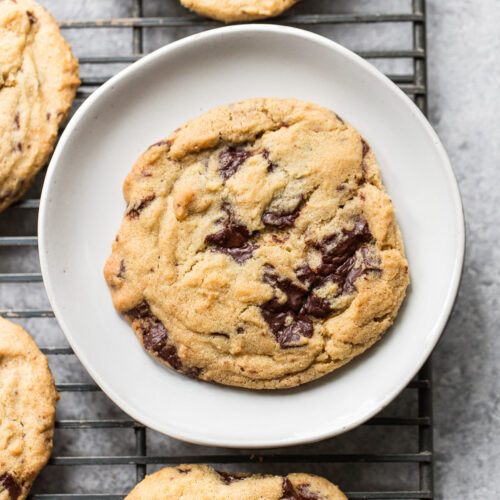 A large chocolate chip cookie on a plate set on top of a cooling rack.