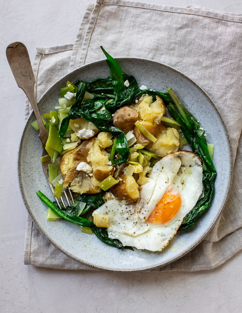 Ramps with New Potatoes, Leeks and Fried Egg Familystyle Food