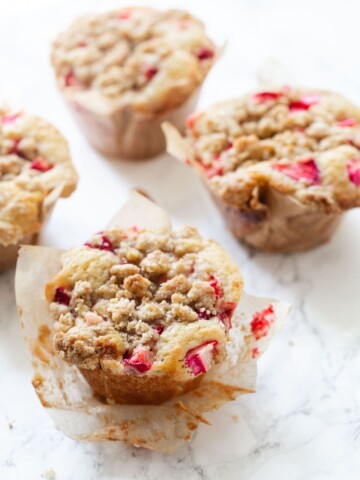Big Strawberry Rhubarb Buttermilk Muffins with Brown Sugar Streusel