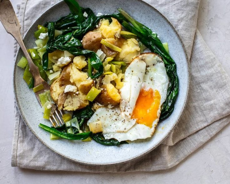 Ramps with New Potatoes, Leeks and Fried Egg Familystyle Food