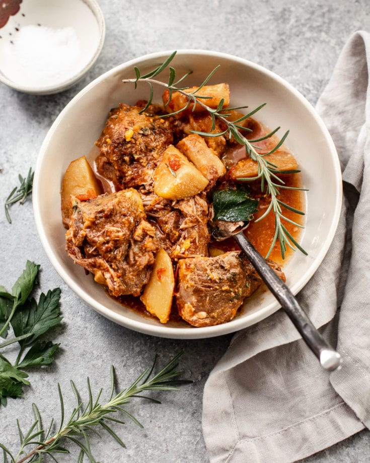 SlowCooker Italian Pork Shoulder with Rosemary Potatoes Familystyle Food