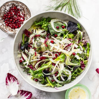 Image of a salad bowl serving winter salad with shaved fennel, romaine lettuce, radicchio and pomegranate seeds with a small bowl of lemon dressing on the side.