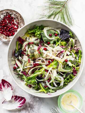 Image of a salad bowl serving winter salad with shaved fennel, romaine lettuce, radicchio and pomegranate seeds with a small bowl of lemon dressing on the side.