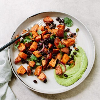 Roasted Sweet Potato Salad with Black Beans and Avocado Crema