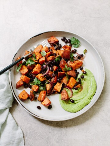 Roasted Sweet Potato Salad with Black Beans and Avocado Crema