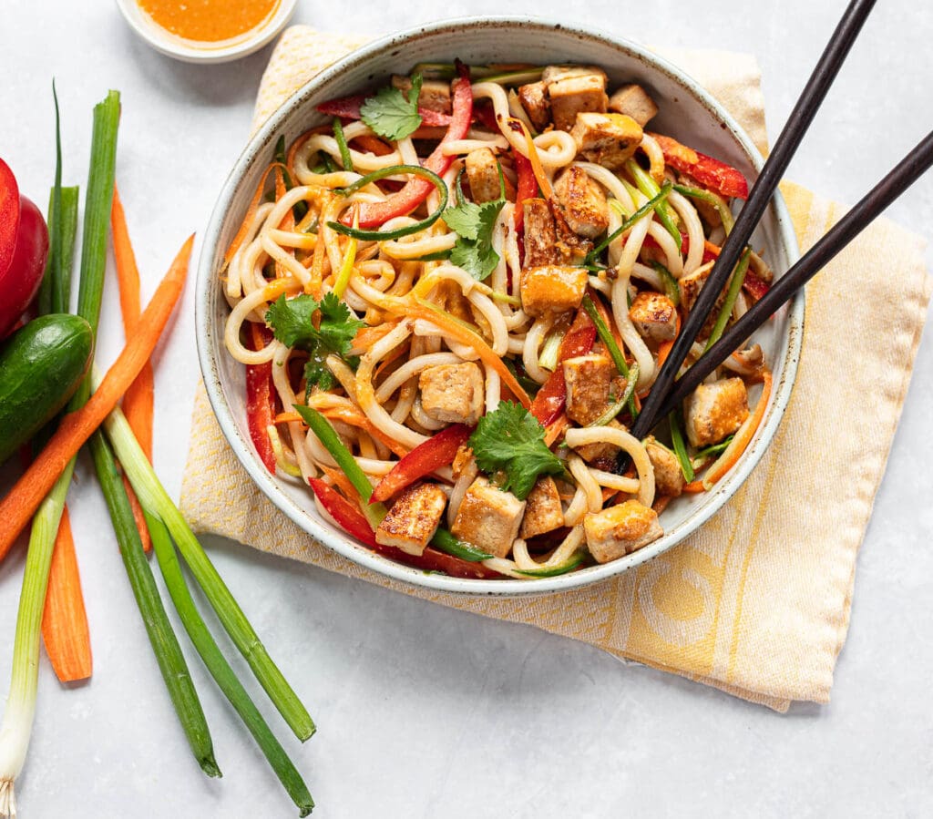 Udon Noodle Bowl with Tofu Familystyle Food
