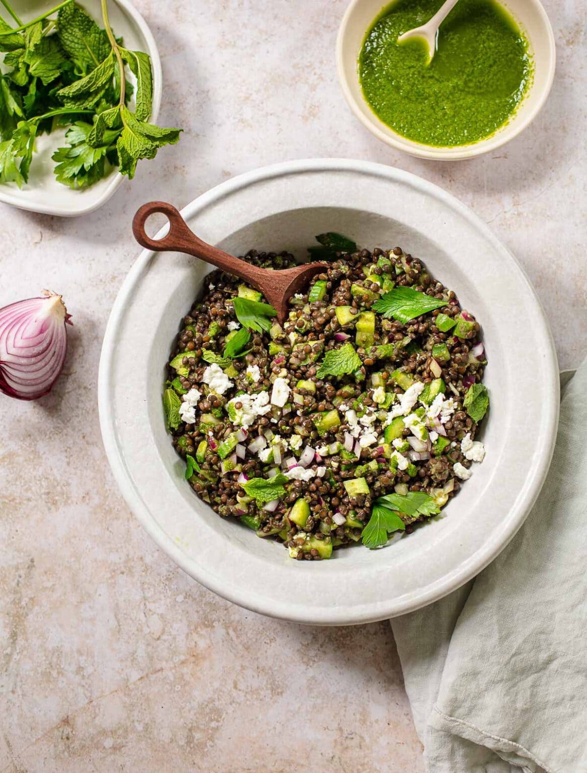 Spicy Black Lentils with Feta and Cucumber Familystyle Food