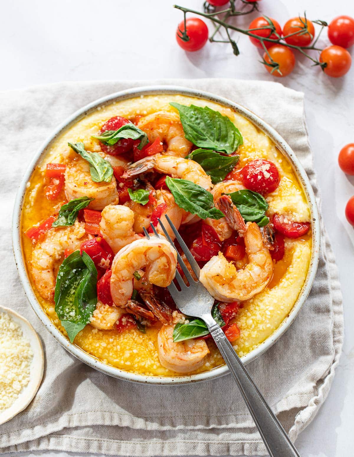 Tomato Basil Shrimp and Polenta Familystyle Food