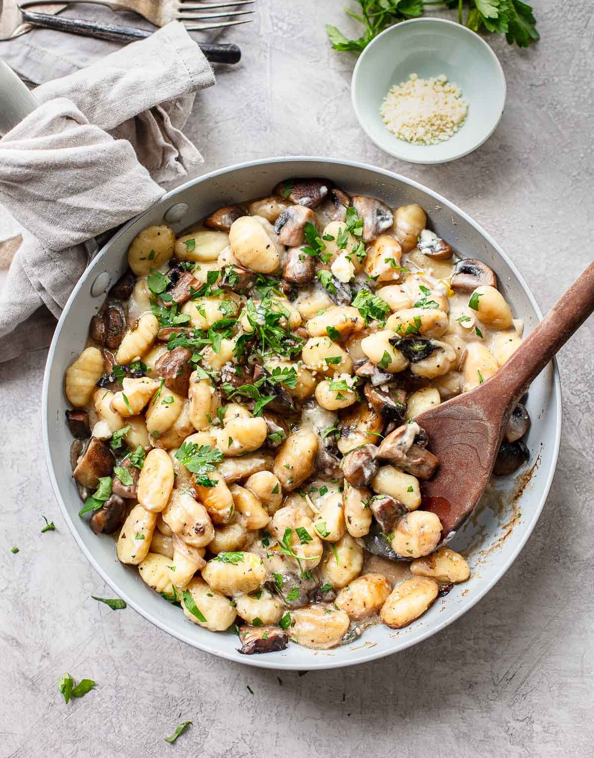 One Pan Mushroom Gnocchi with Blue Cheese - Familystyle Food