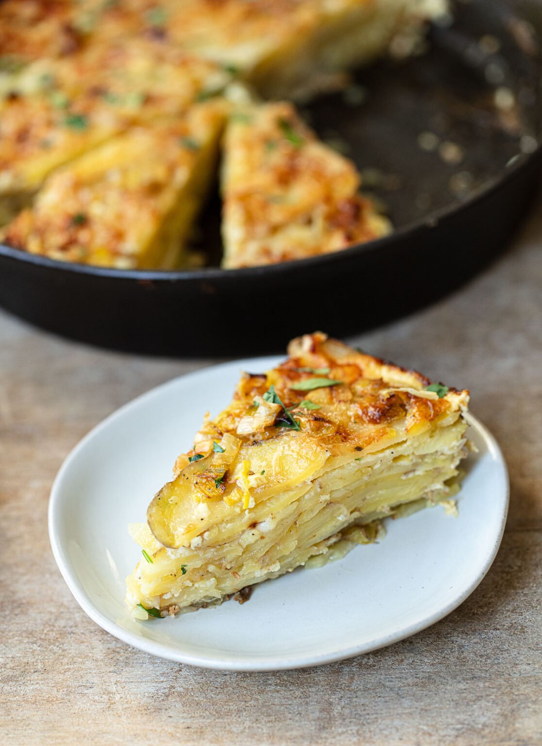 French Potato Cake with Leeks and Gruyere Cheese