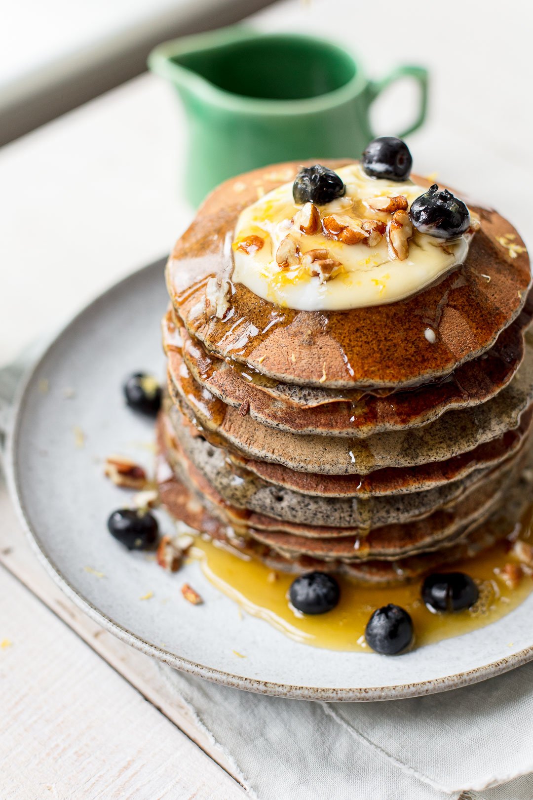 Buckwheat Pancakes with Salted Butter Maple Syrup - Familystyle Food