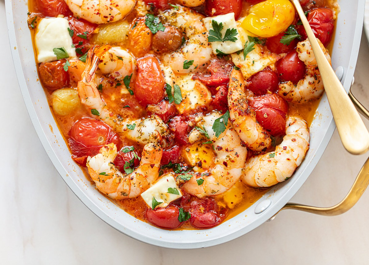 Pan Seared Shrimp with Tomatoes, Feta, and Garlic - Savory Tooth