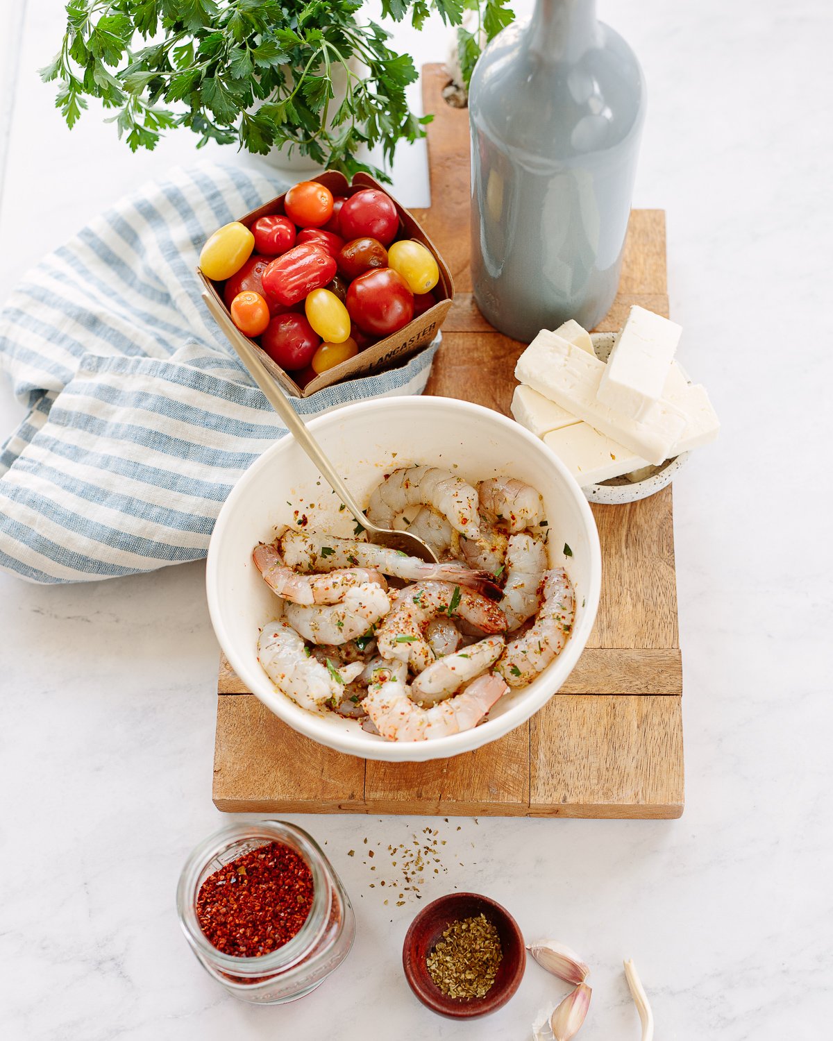 Pan Seared Shrimp with Tomatoes, Feta, and Garlic - Savory Tooth