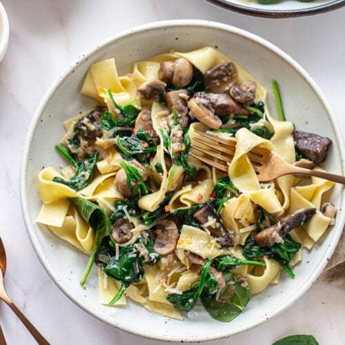 A bowl of wide pasta noodles combined with mushroom spinach sauce, with a fork resting on the edge of the bowl.