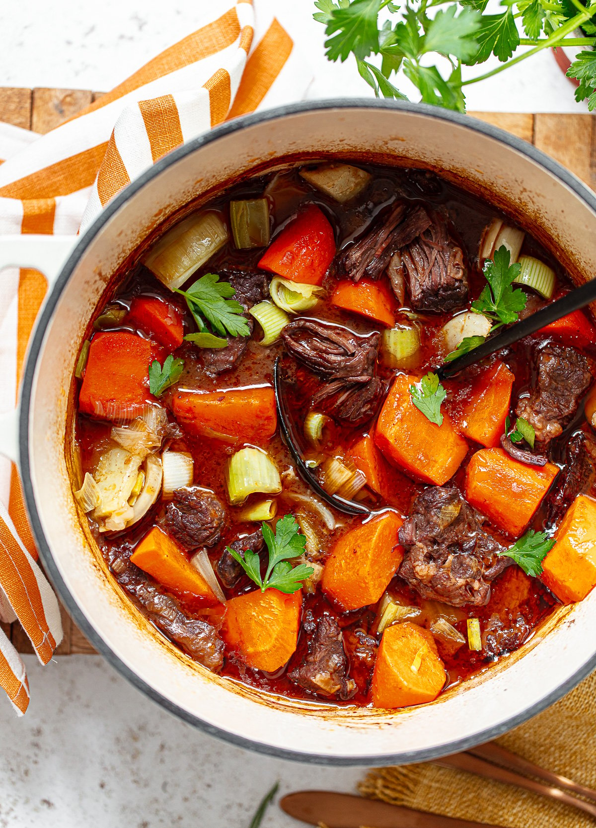 Photo of a pot and a ladle full of beef stew with red wine, chunks of carrots and vegetables.