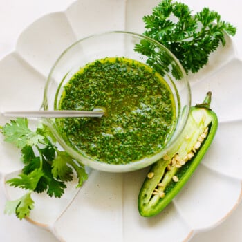 A condiment bowl full of green herb sauce, with a spoon, sliced jalapeno pepper and herb sprigs on the side.