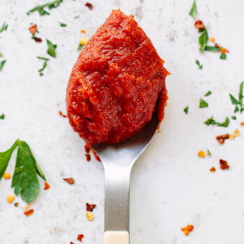 A metal spoon with a white handle holds a scoop of rich tomato paste, surrounded by scattered chopped herbs and red pepper flakes on a white surface.