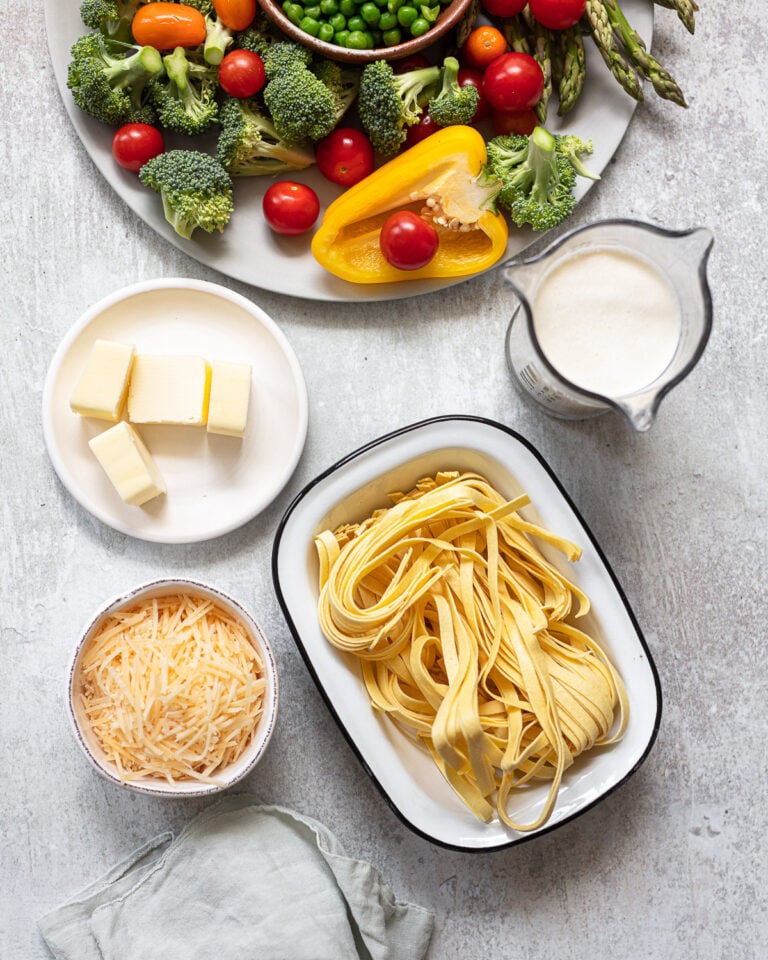 Vegetable Pasta Primavera with Cream Sauce Familystyle Food