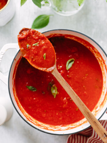 Marinara sauce on a spoon, balanced on top of a pot of tomato sauce.