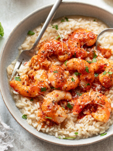 Shrimp risotto topped with chopped parsley, and grated cheese arranged on top of a bowl of creamy rice.