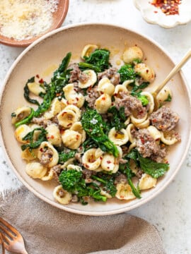 Broccoli rabe sausage pasta in a serving bowl.