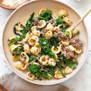 Broccoli rabe sausage pasta in a serving bowl.