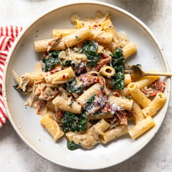 A plate of pasta with creamy sauce, sun-dried tomatoes, sautéed spinach, and grated cheese is served with a fork on a light surface. A striped napkin and small bowl of cheese are nearby.