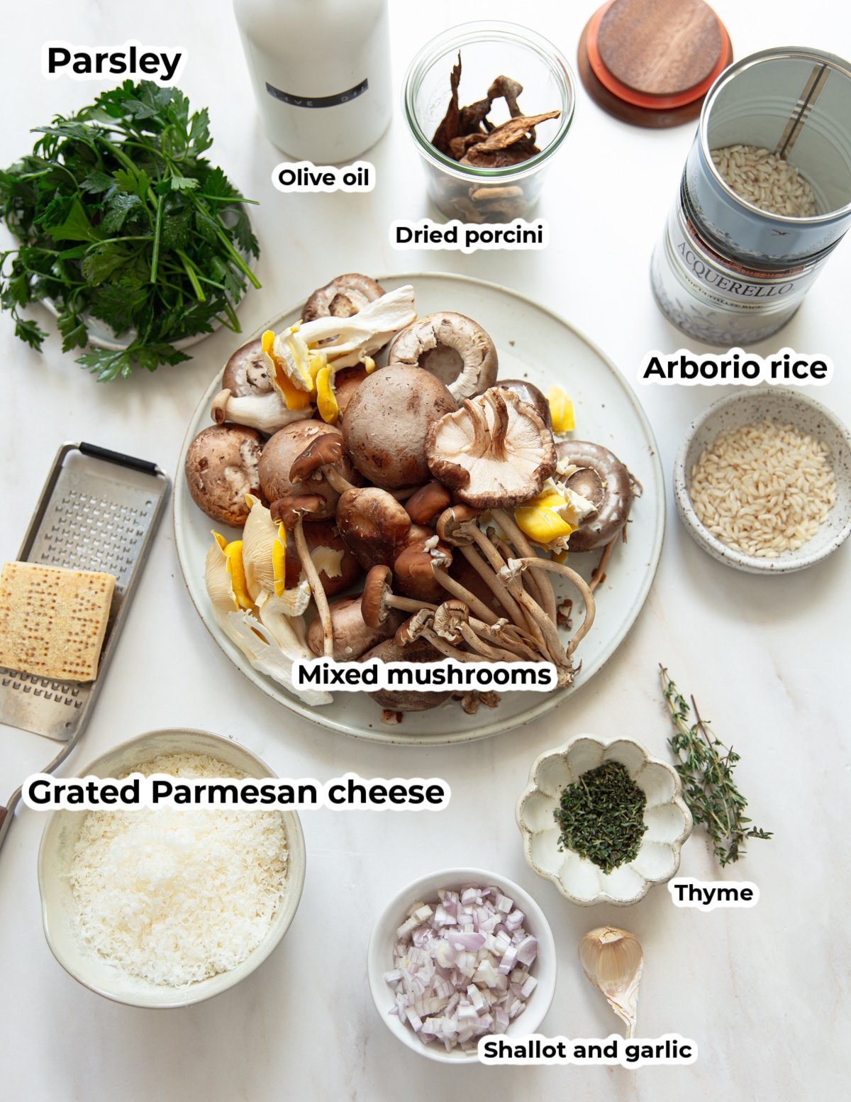 A plate with assorted mixed mushrooms is surrounded by bowls and containers of Arborio rice, dried porcini, grated Parmesan cheese, thyme, chopped shallot and garlic, parsley, olive oil, and a wedge of Parmesan.