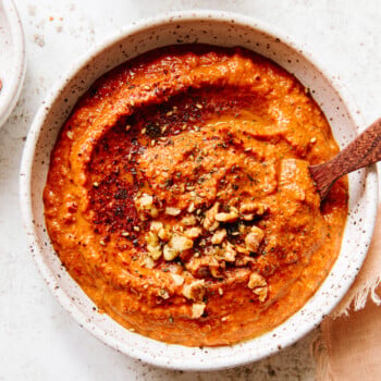 A bowl of red pepper dip garnished with chopped walnuts and spices, with a wooden spoon resting inside. The bowl is on a light textured surface, next to a beige cloth.