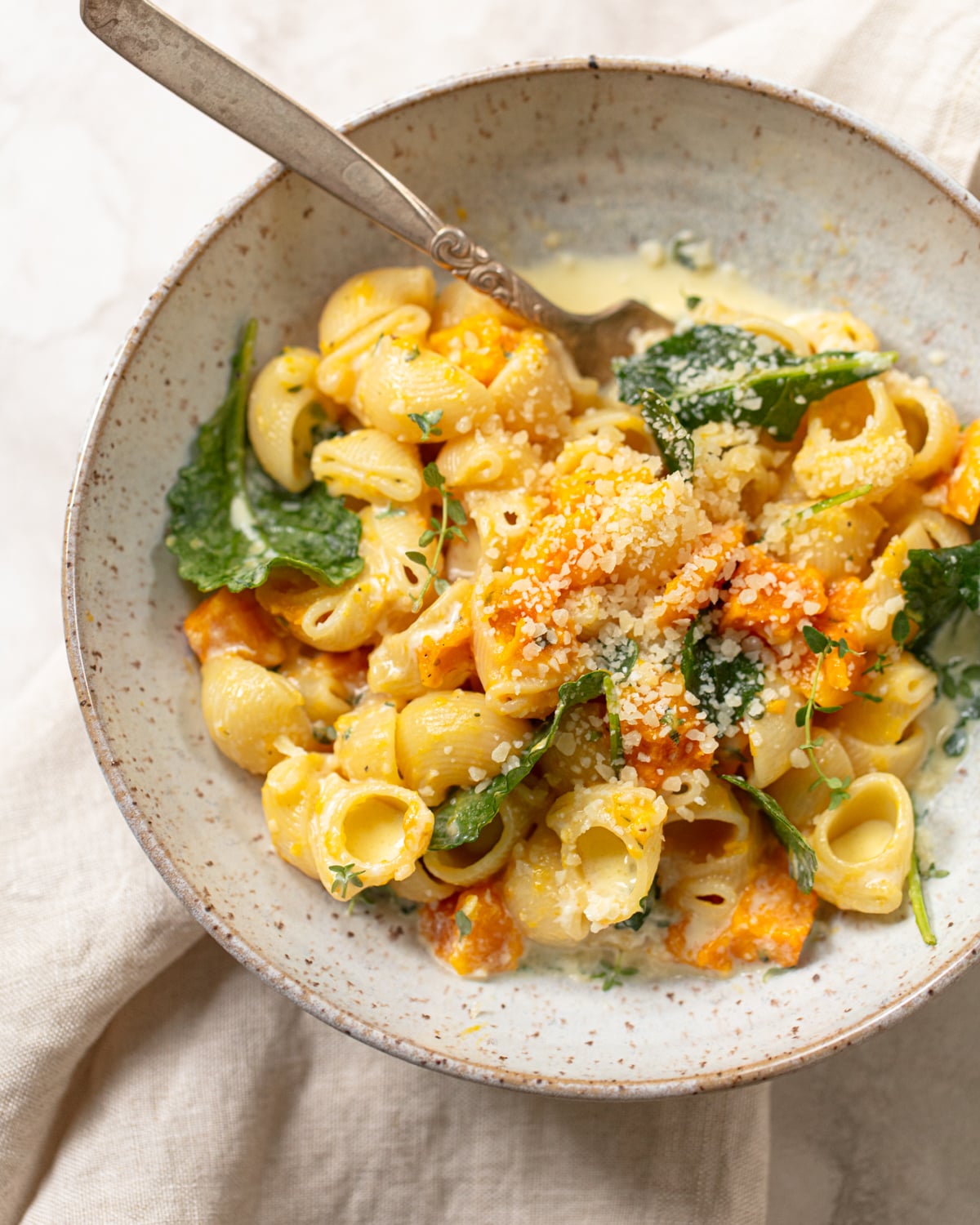 A bowl of creamy pasta shells with kale, roasted chunks of pumpkin or butternut squash, and grated Parmesan cheese, served with a fork on a light-colored plate atop a neutral cloth.